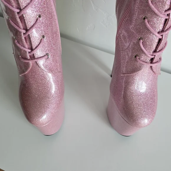 Hella Heels NWOB 8" Glitterati Sugarbaby Pink Thigh High Boots Front Lace Pole - Picture 5 of 13